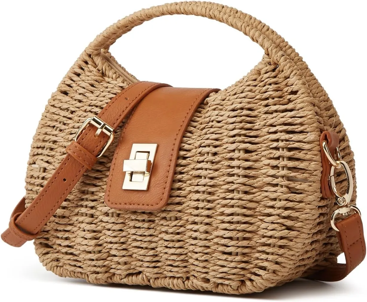 Summer Straw Woven Bag Women Summer Satchel Shoulder Handbag Top Handle Cross Body Purse Twist Clutch Tote