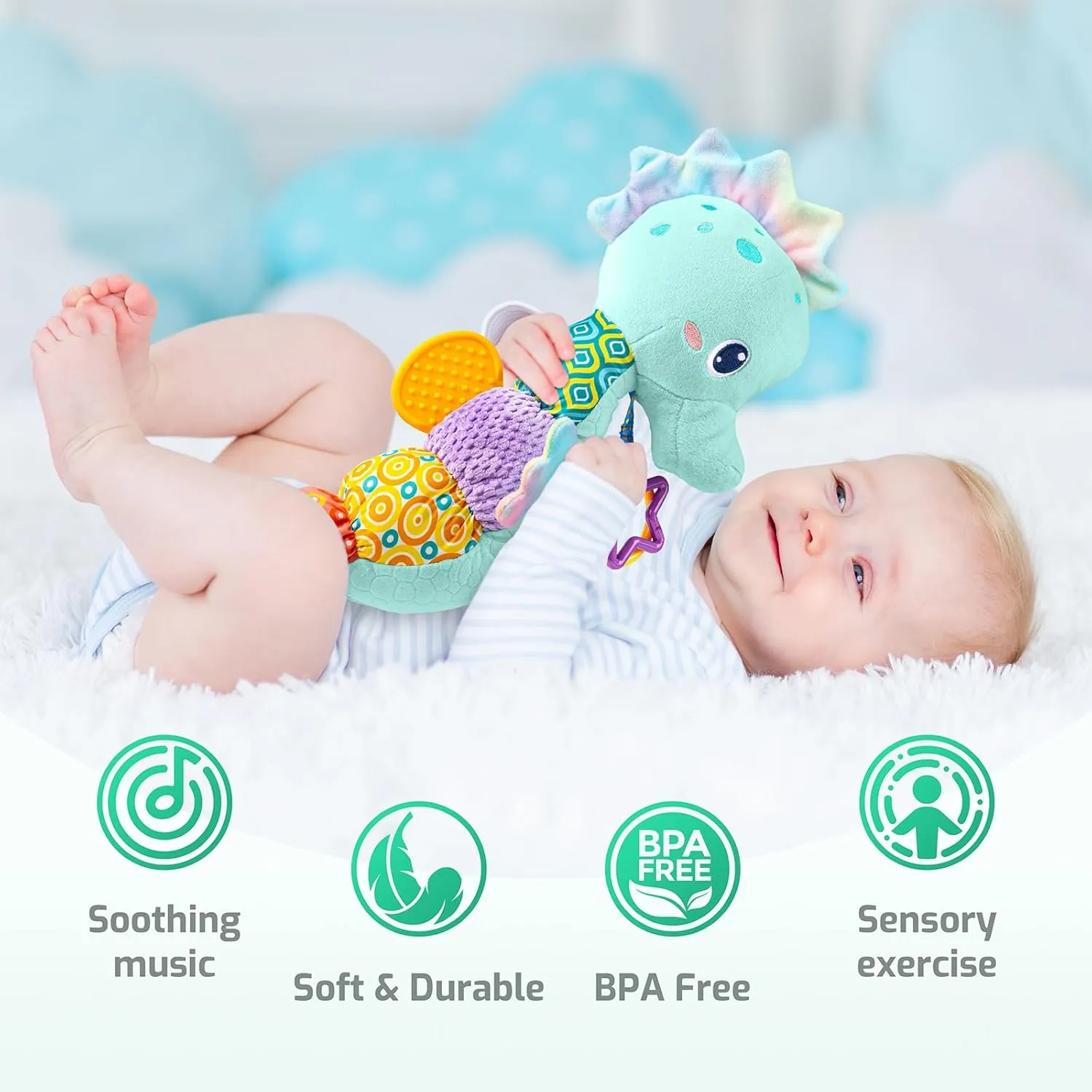 Sumobaby Infant Baby Musical Stuffed Animal Activity Soft Toys with Multi-Sensory Crinkle, Rattle and Textures, for Tummy Time Newborn 0-3-6-12 Months Boys, Girls, Seahorses, Blue
