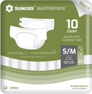 SUNKISS Masterpiece Adult Diapers with Tabs, Unisex Disposable Incontinence Briefs for Women and Men, Odor Control, White, Small/Medium, 10 Count