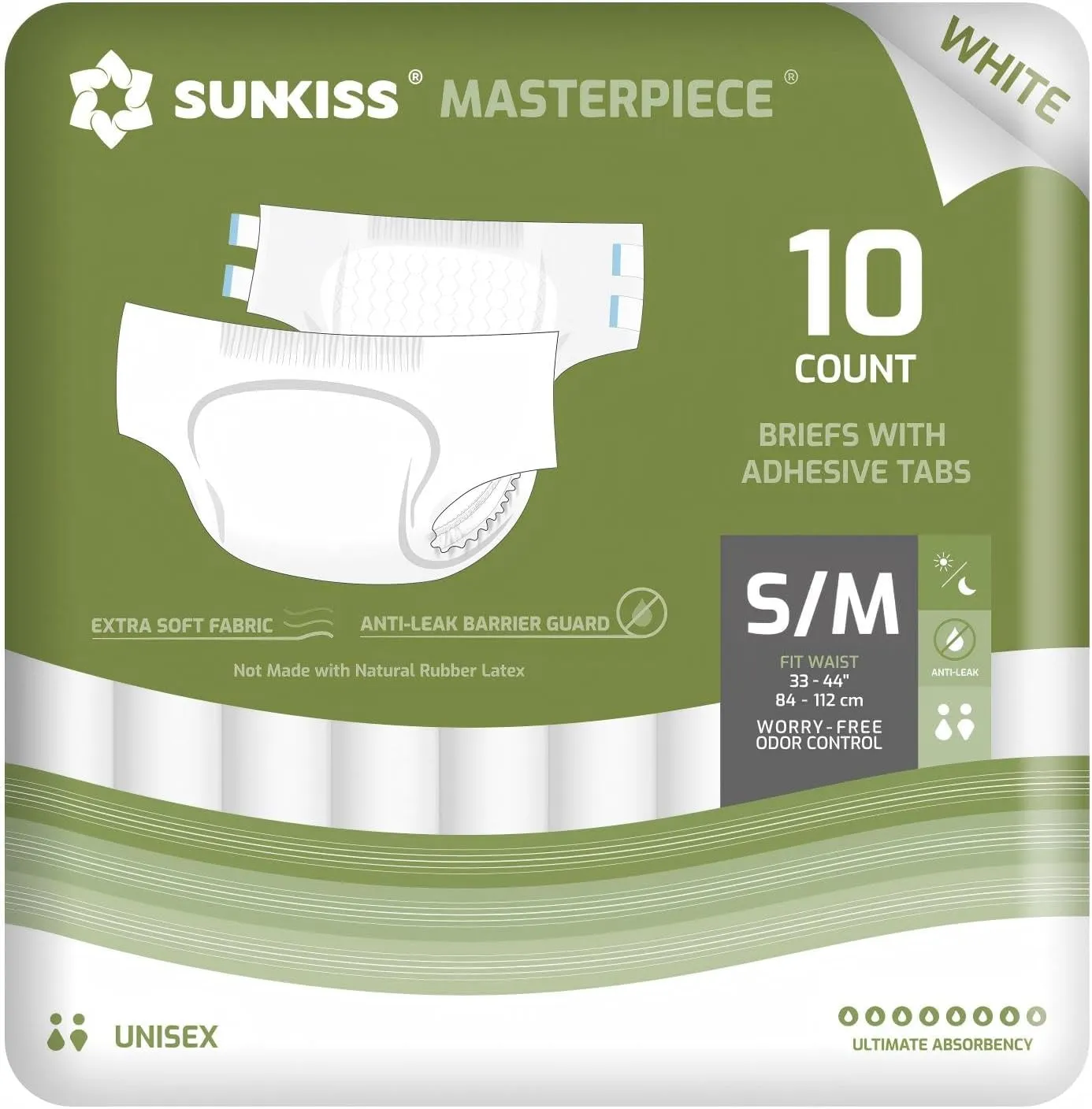 SUNKISS Masterpiece Adult Diapers with Tabs, Unisex Disposable Incontinence Briefs for Women and Men, Odor Control, White, Small/Medium, 10 Count