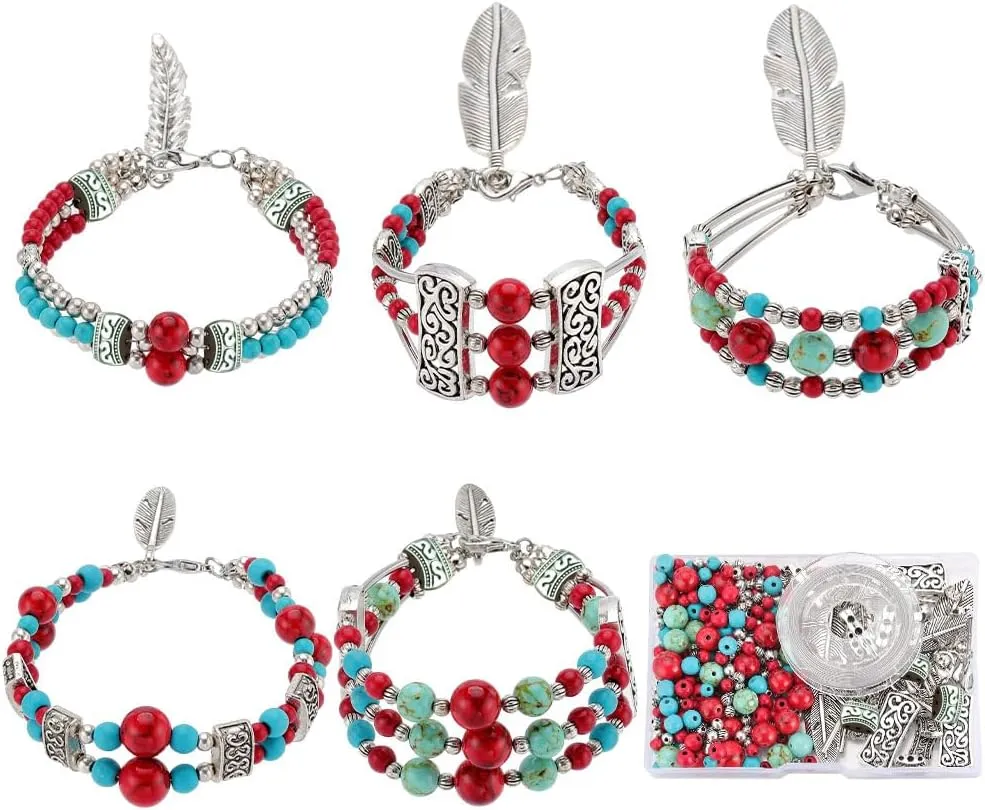 SUNNYCLUE 1 Box 5 Sets Turquoise Multi Layer Bracelet Making Kit Summer Ocean Hawaii Lucky Turquoise Beads Bohemian Wrap Bracelet Feather Charms for Jewelry Making Kits Adults DIY Craft Supplies