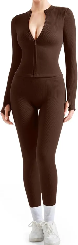 SUUKSESS Women 2 Piece Seamless Ribbed Workout Sets With Zip Up Jacket High Waisted Gym Yoga Leggings