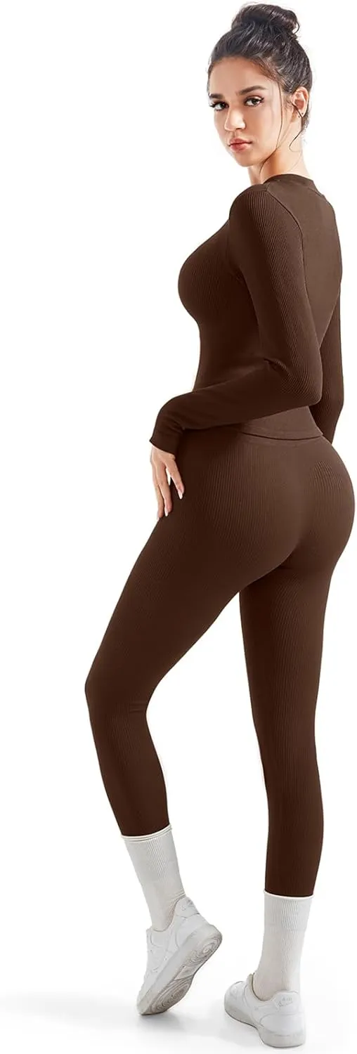 SUUKSESS Women 2 Piece Seamless Ribbed Workout Sets With Zip Up Jacket High Waisted Gym Yoga Leggings