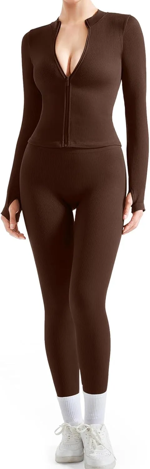 SUUKSESS Women 2 Piece Seamless Ribbed Workout Sets With Zip Up Jacket High Waisted Gym Yoga Leggings