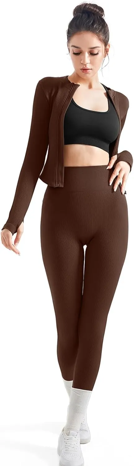 SUUKSESS Women 2 Piece Seamless Ribbed Workout Sets With Zip Up Jacket High Waisted Gym Yoga Leggings
