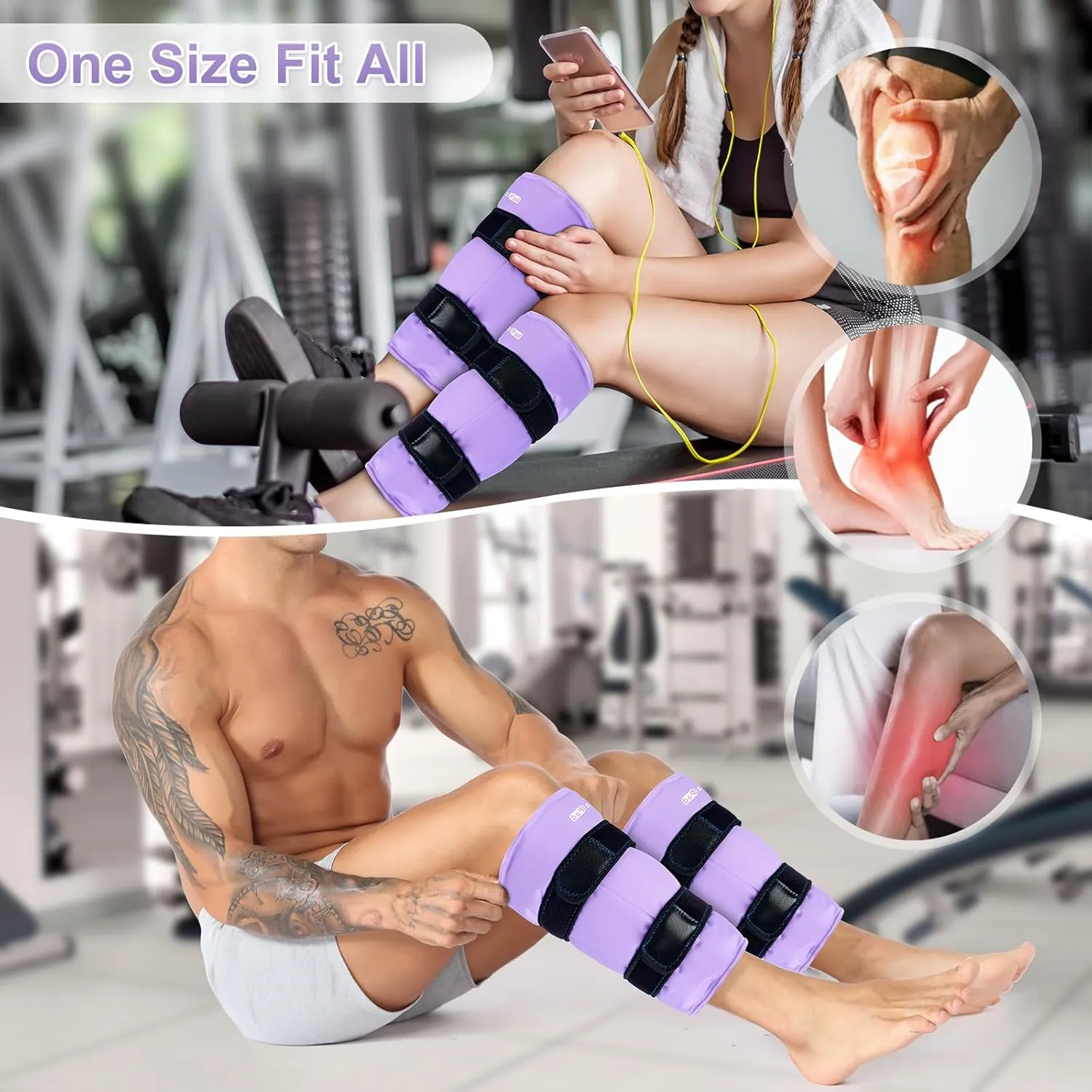 SuzziPad 360° Cold Pack for Calf, Shin, Arm & Elbow – Ice Wrap with Dual-Cover Design, Adjustable Velcro Straps, Leakproof & Reusable Cold Compress for Post-Workout Recovery (2 Packs), Purple