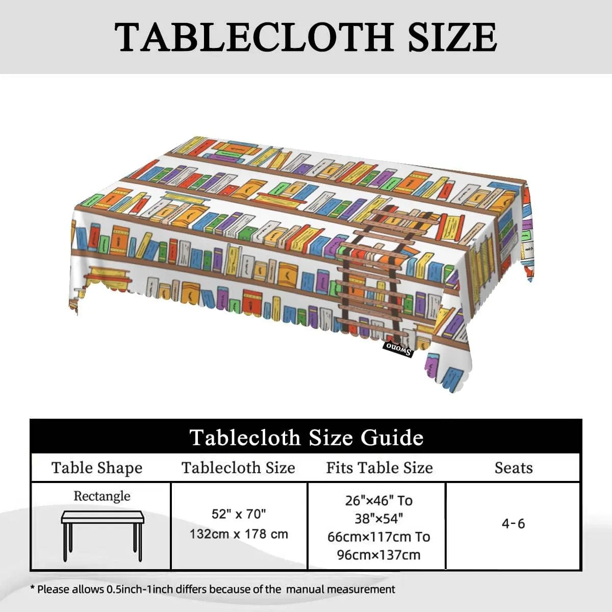 Swono 52x70 Inch Bookshelf Tablecloth Library Bookshelves Books and Ladder Farmhouse Dining Table Cloth Anti-Stain Talking Table Cover for Kitchen Dinning Room Coffee Store