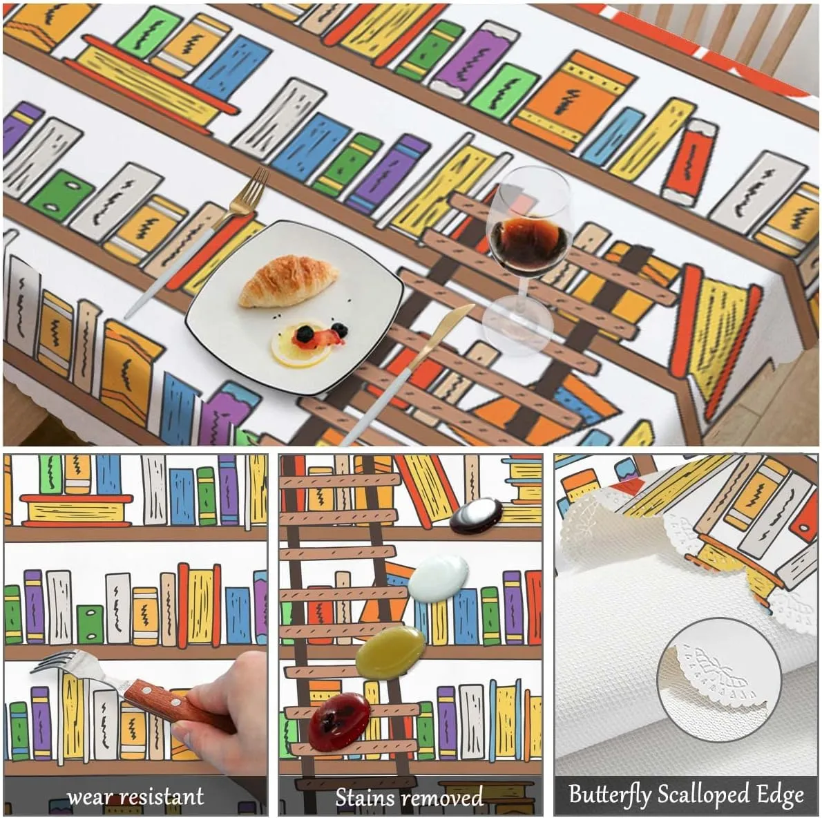 Swono 52x70 Inch Bookshelf Tablecloth Library Bookshelves Books and Ladder Farmhouse Dining Table Cloth Anti-Stain Talking Table Cover for Kitchen Dinning Room Coffee Store