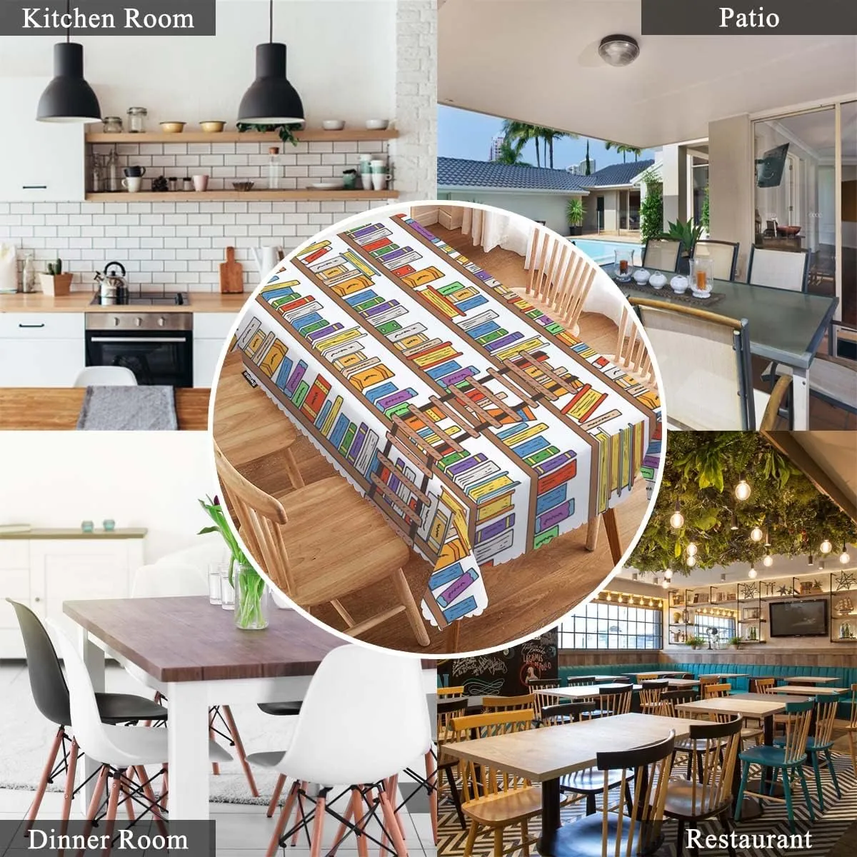 Swono 52x70 Inch Bookshelf Tablecloth Library Bookshelves Books and Ladder Farmhouse Dining Table Cloth Anti-Stain Talking Table Cover for Kitchen Dinning Room Coffee Store