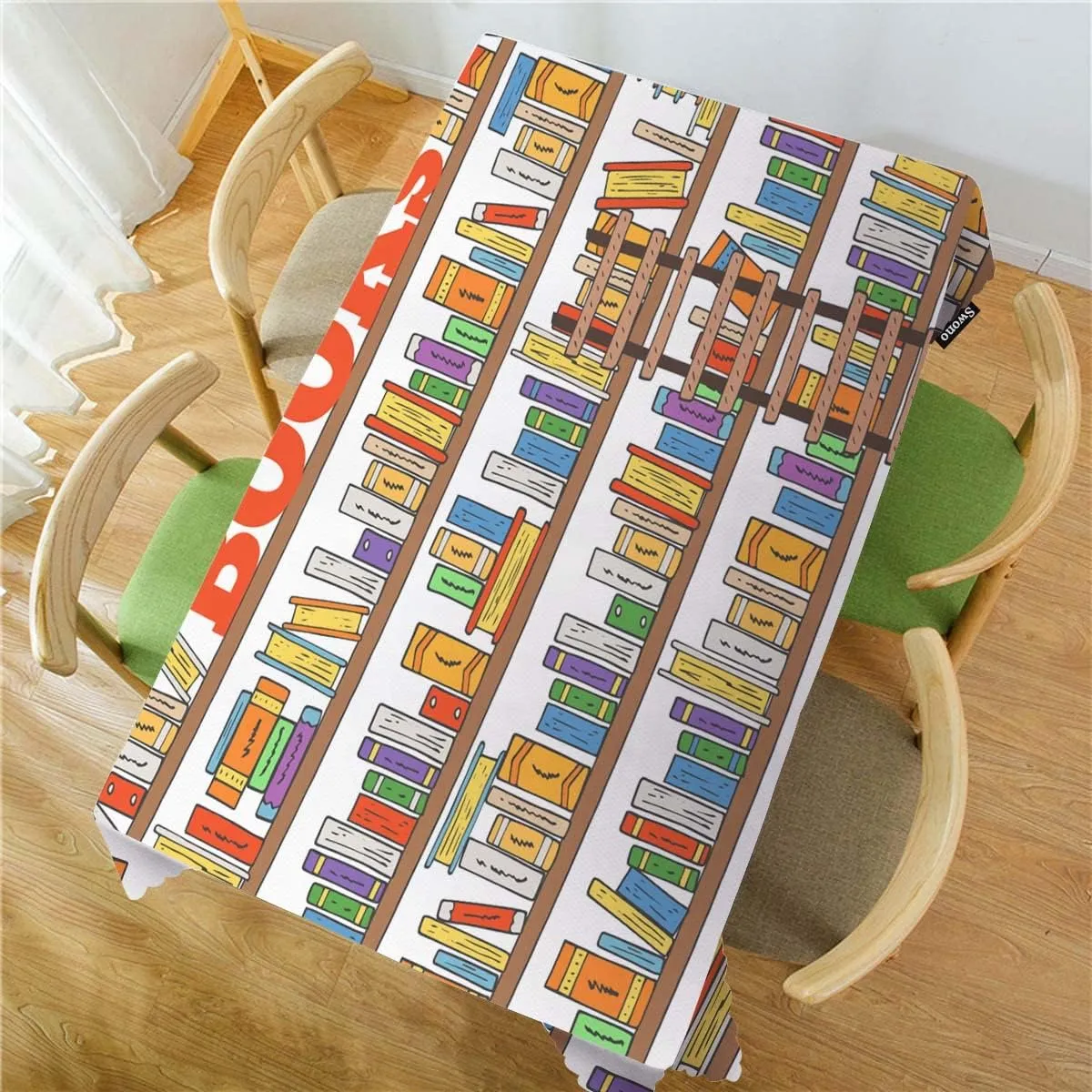 Swono 52x70 Inch Bookshelf Tablecloth Library Bookshelves Books and Ladder Farmhouse Dining Table Cloth Anti-Stain Talking Table Cover for Kitchen Dinning Room Coffee Store