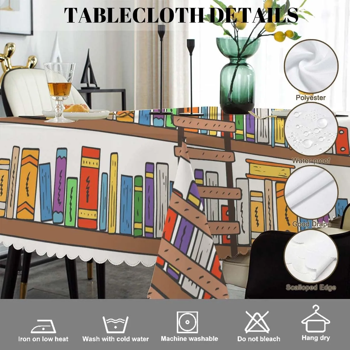 Swono 52x70 Inch Bookshelf Tablecloth Library Bookshelves Books and Ladder Farmhouse Dining Table Cloth Anti-Stain Talking Table Cover for Kitchen Dinning Room Coffee Store