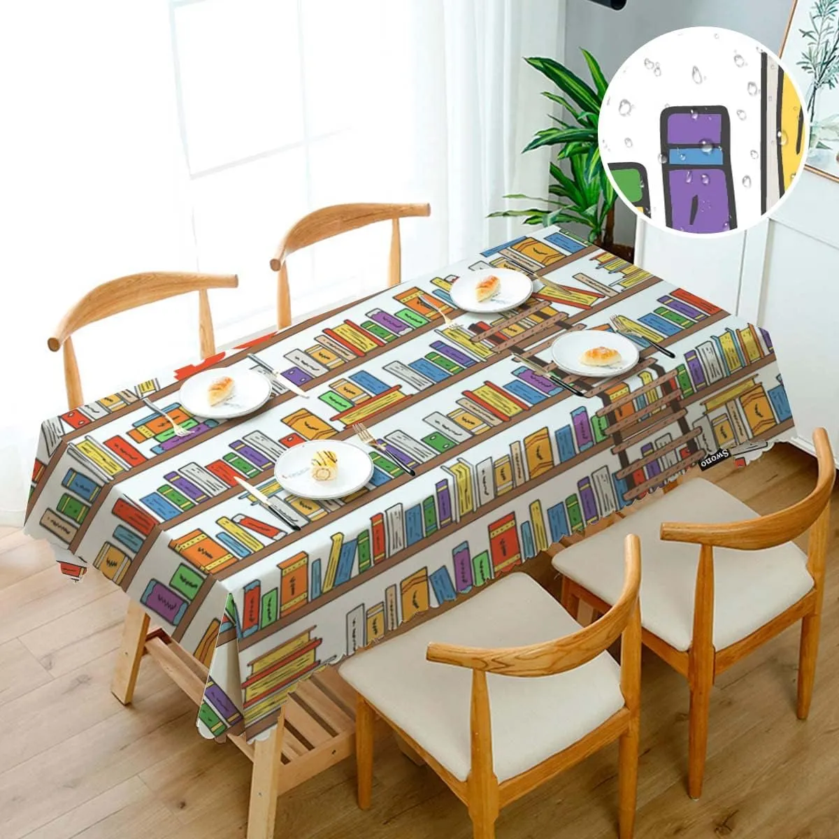 Swono 52x70 Inch Bookshelf Tablecloth Library Bookshelves Books and Ladder Farmhouse Dining Table Cloth Anti-Stain Talking Table Cover for Kitchen Dinning Room Coffee Store