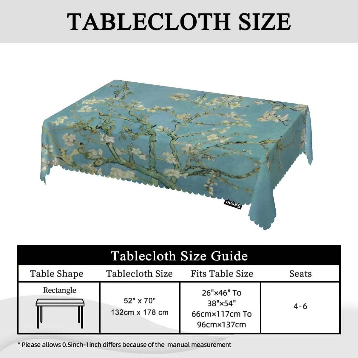 Swono Almond Blossom Tablecloth Retro Cherry Flowers Branch Decorative Table Cover for Kitchen, Dinning, Coffee, Party, Banquet and Holiday Tablecloth, 52x70 Inch(4-6 Seats)