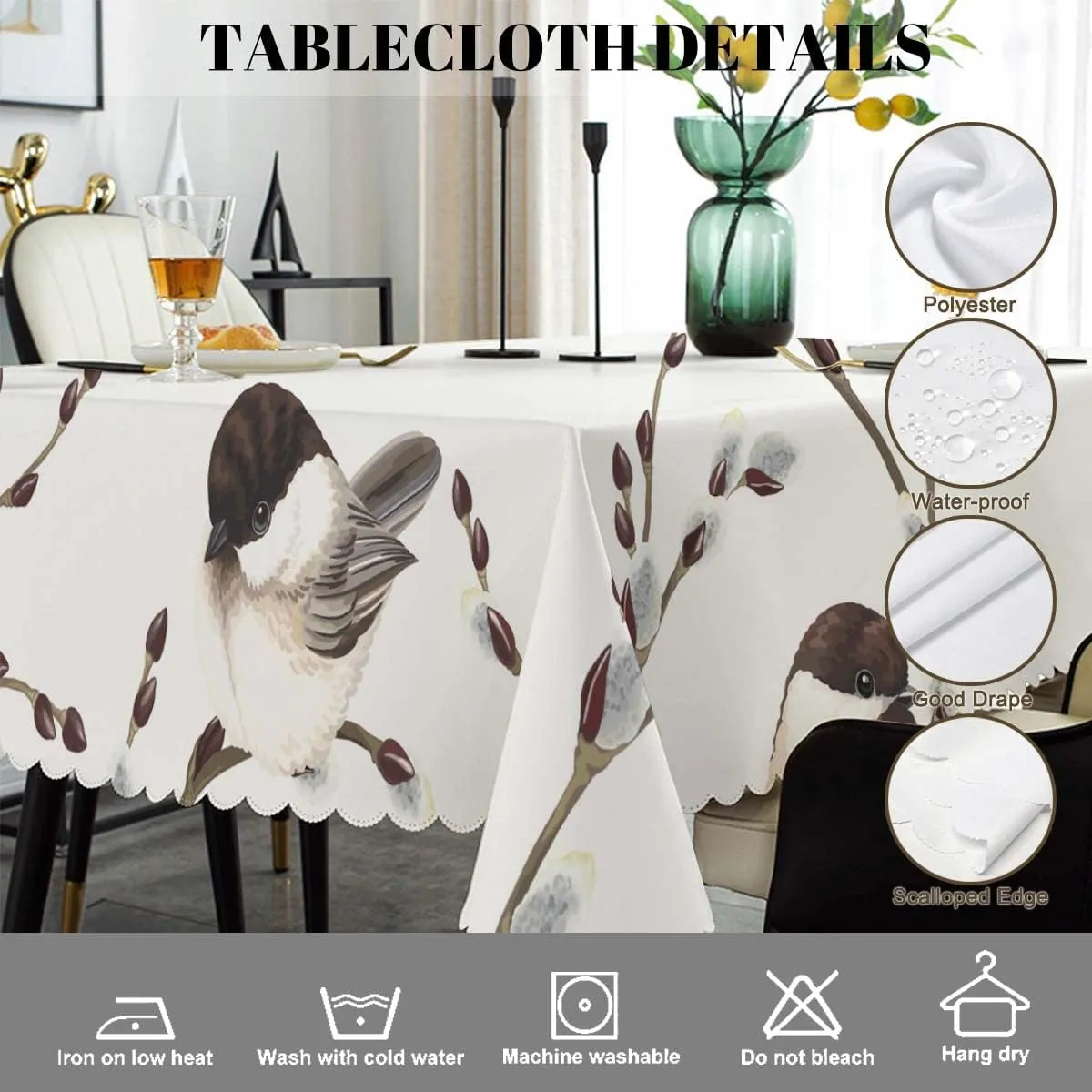 Swono Bird Tablecloth Willow Branches and Birds Chickadee Decorative Oblong Table Cover for Kitchen, Dining, Party Banquet and Holiday Tablecloth, 52x70 Inch(4-6 Seats)
