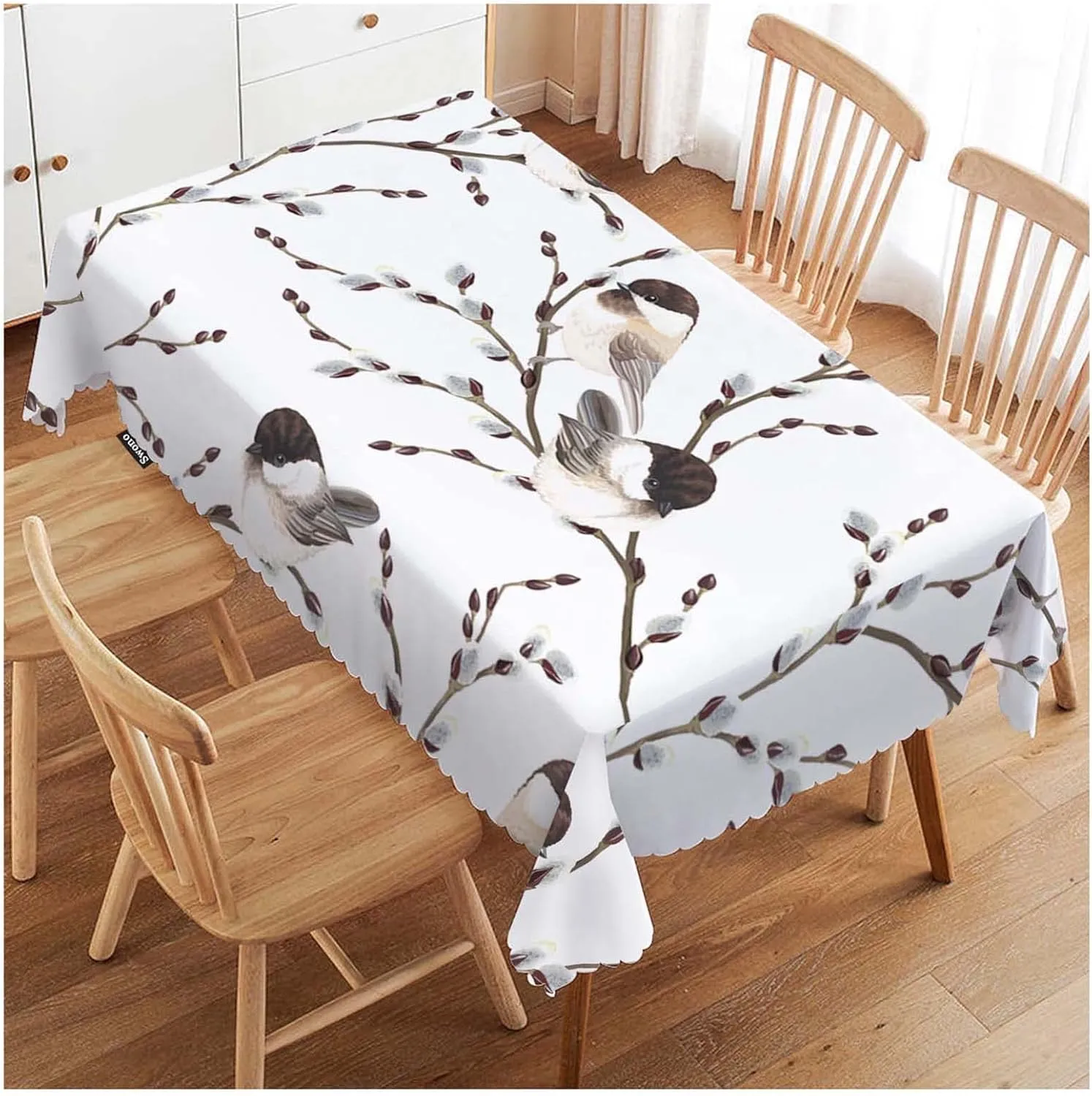 Swono Bird Tablecloth Willow Branches and Birds Chickadee Decorative Oblong Table Cover for Kitchen, Dining, Party Banquet and Holiday Tablecloth, 52x70 Inch(4-6 Seats)