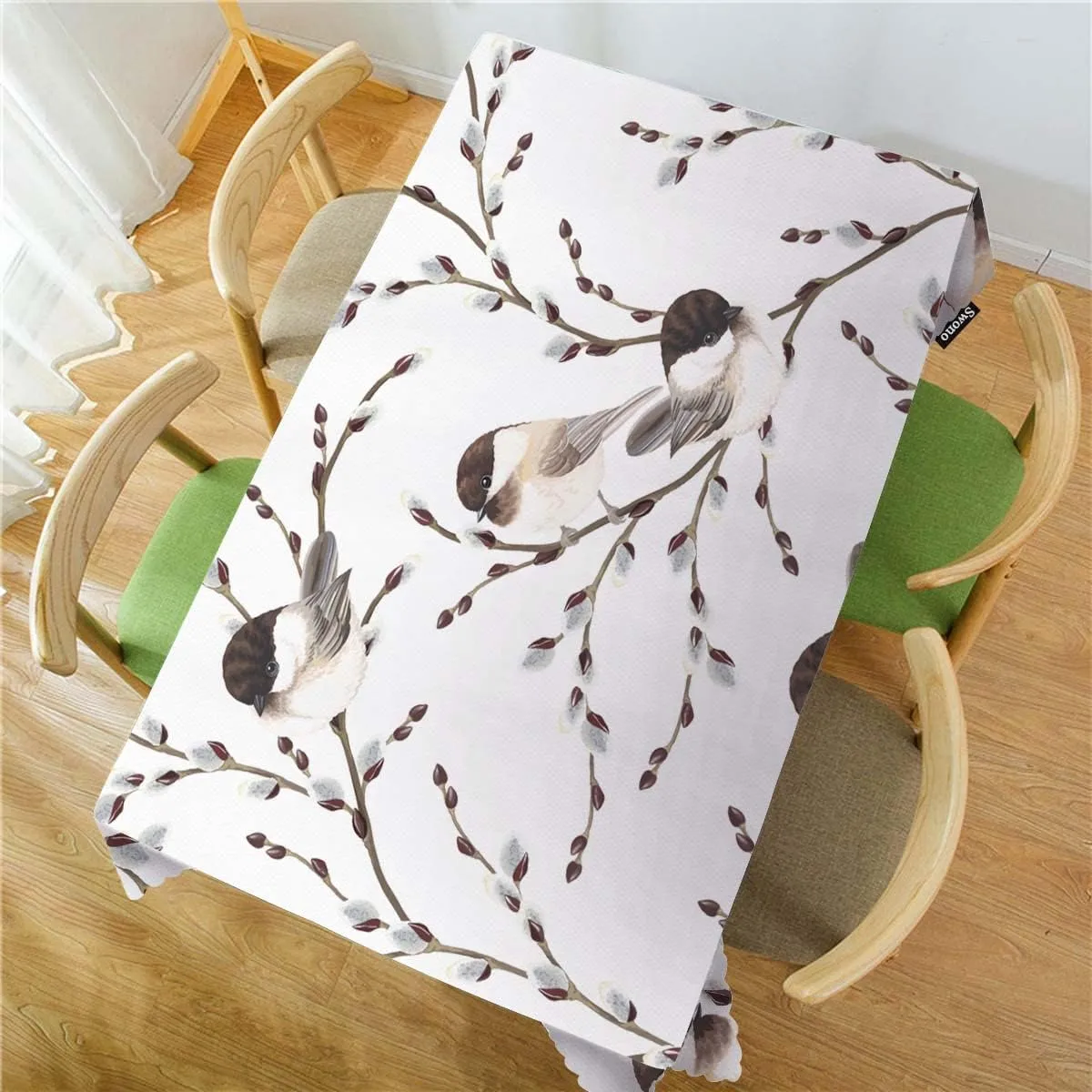 Swono Bird Tablecloth Willow Branches and Birds Chickadee Decorative Oblong Table Cover for Kitchen, Dining, Party Banquet and Holiday Tablecloth, 52x70 Inch(4-6 Seats)