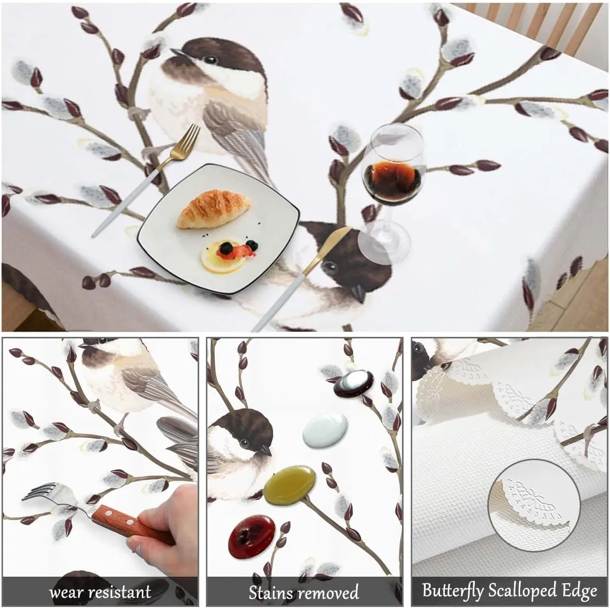 Swono Bird Tablecloth Willow Branches and Birds Chickadee Decorative Oblong Table Cover for Kitchen, Dining, Party Banquet and Holiday Tablecloth, 52x70 Inch(4-6 Seats)