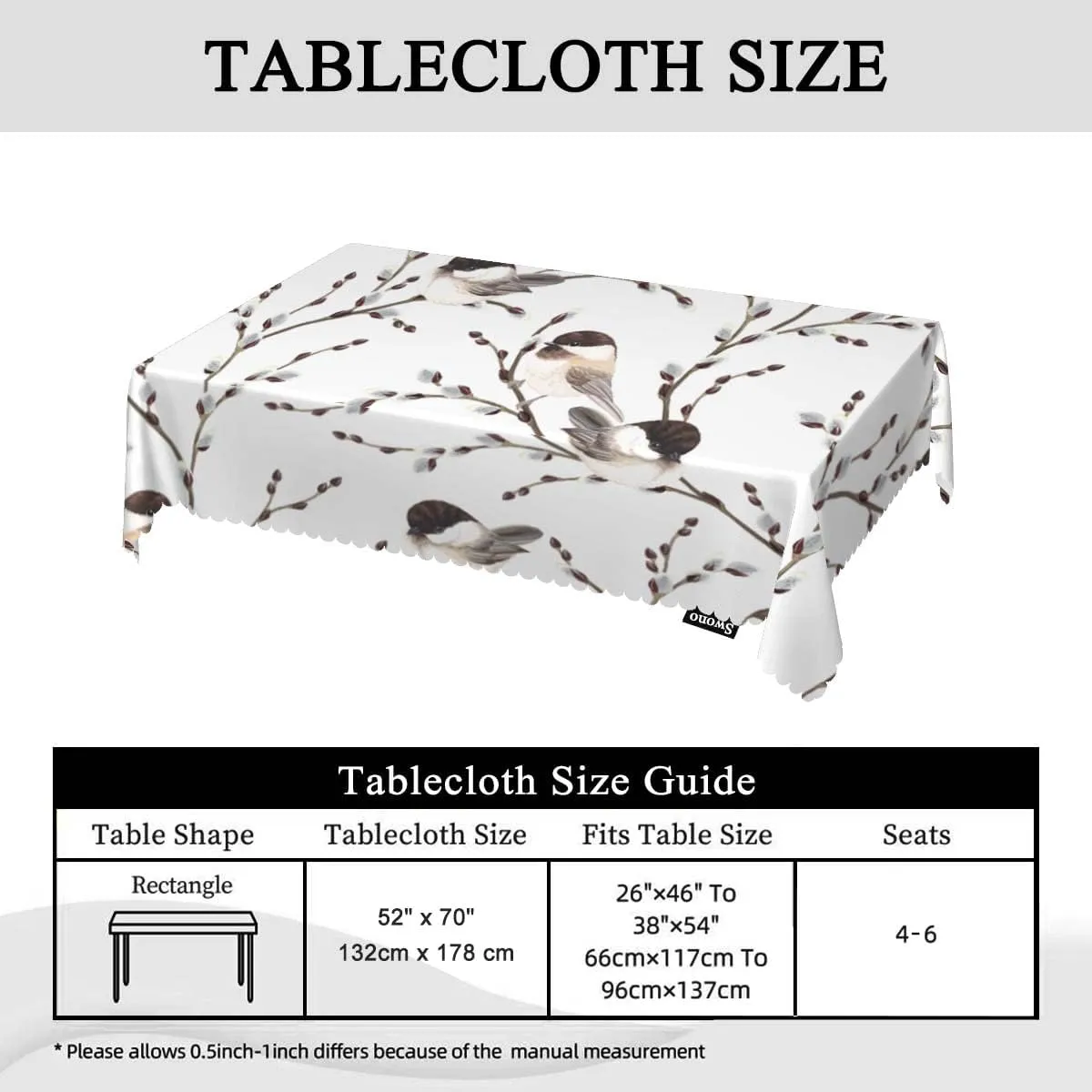 Swono Bird Tablecloth Willow Branches and Birds Chickadee Decorative Oblong Table Cover for Kitchen, Dining, Party Banquet and Holiday Tablecloth, 52x70 Inch(4-6 Seats)