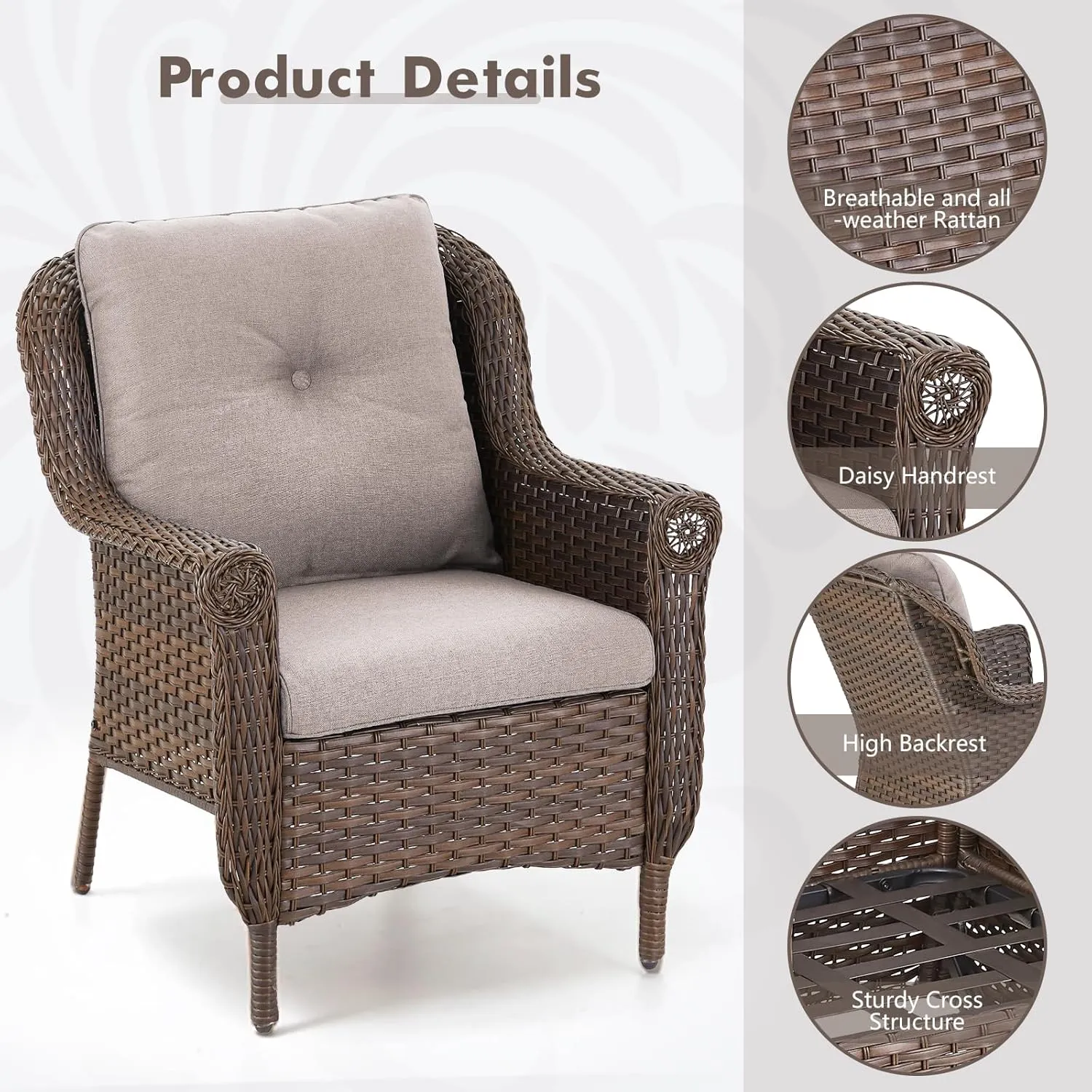 Table and Chairs Set for Outdoor Patio - 3 Piece Outside Wicker Conversation Bistro Dining Furniture Sets with Rattan Chair and Glass Top End Tables for Front Porch Balcony Yard – Brown/Beige