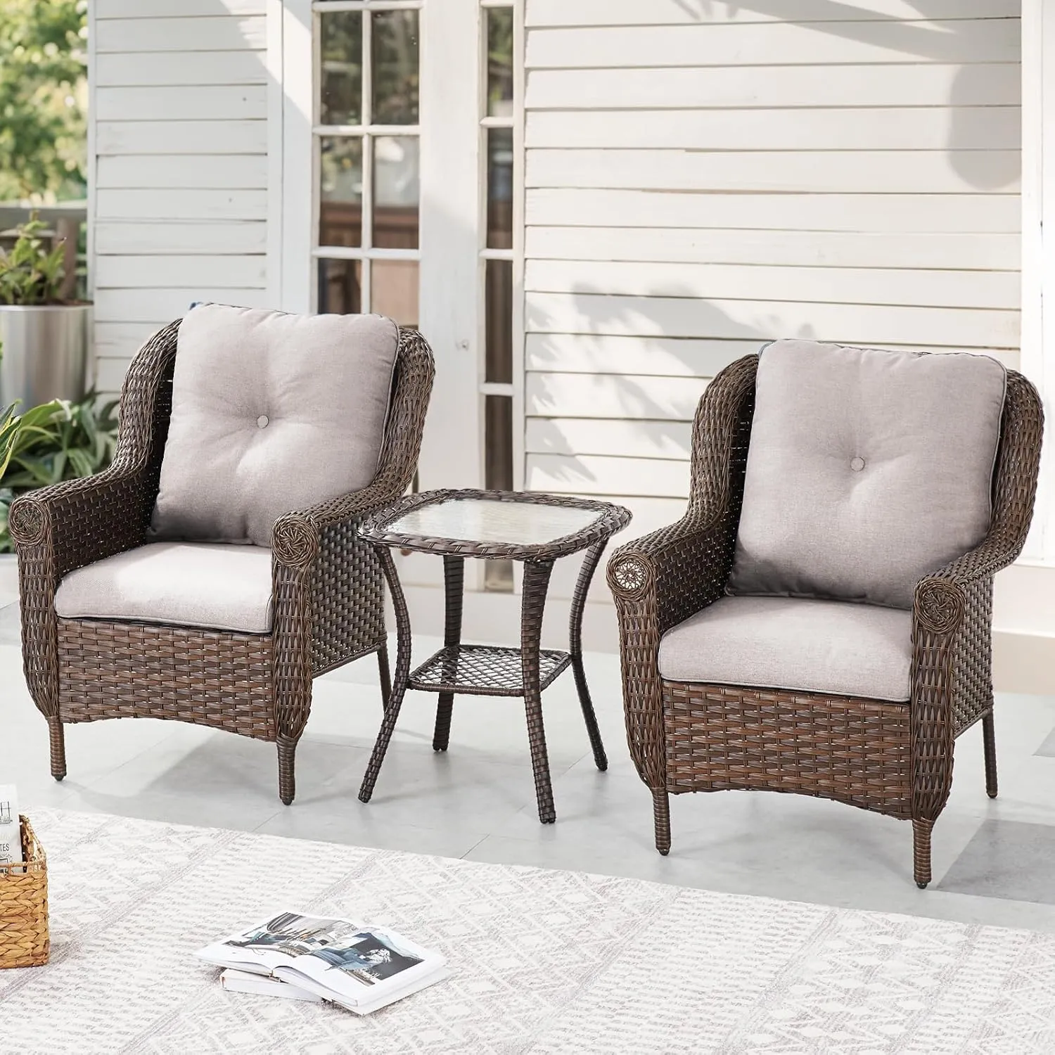 Table and Chairs Set for Outdoor Patio - 3 Piece Outside Wicker Conversation Bistro Dining Furniture Sets with Rattan Chair and Glass Top End Tables for Front Porch Balcony Yard – Brown/Beige