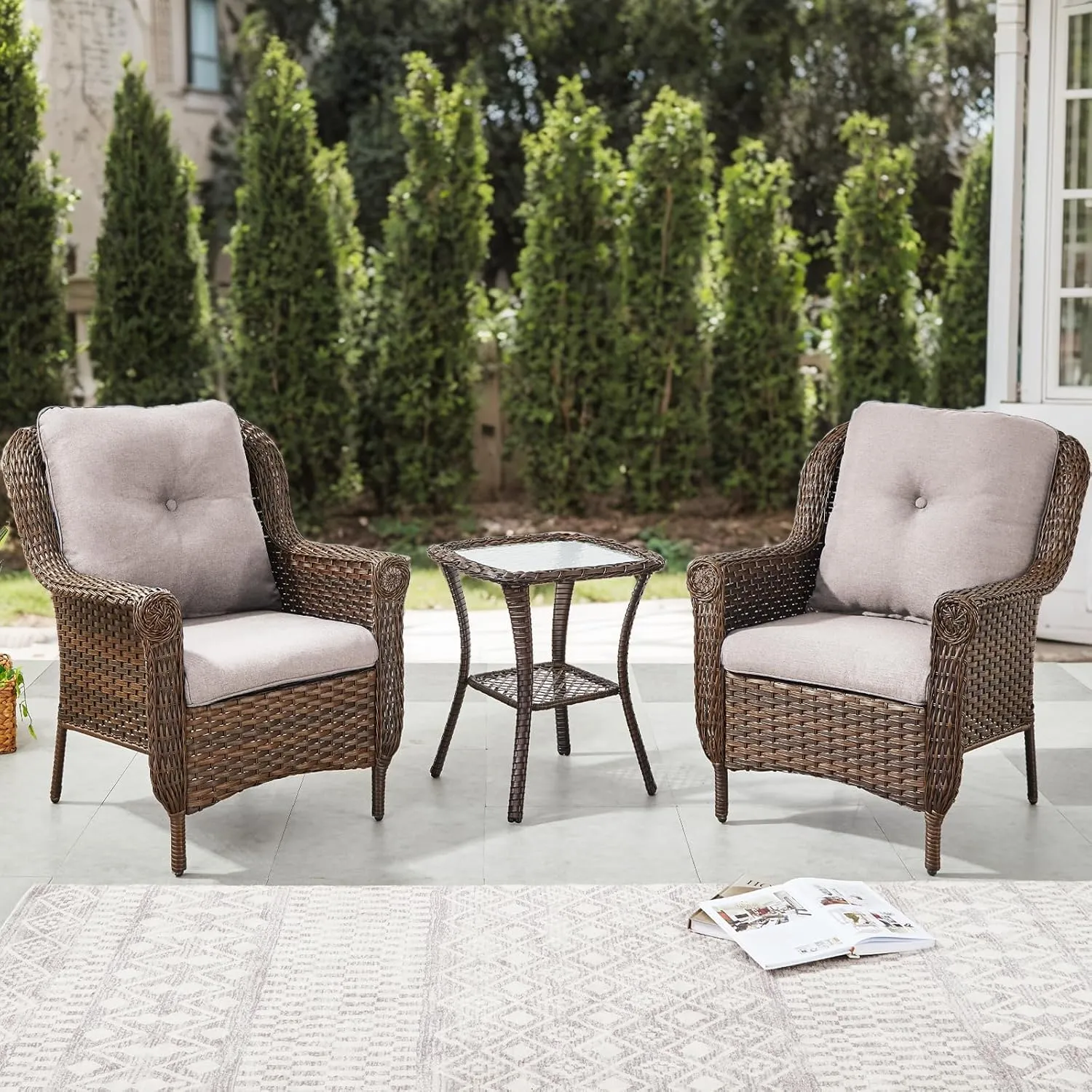 Table and Chairs Set for Outdoor Patio - 3 Piece Outside Wicker Conversation Bistro Dining Furniture Sets with Rattan Chair and Glass Top End Tables for Front Porch Balcony Yard – Brown/Beige