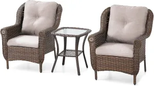 Table and Chairs Set for Outdoor Patio - 3 Piece Outside Wicker Conversation Bistro Dining Furniture Sets with Rattan Chair and Glass Top End Tables for Front Porch Balcony Yard – Brown/Beige