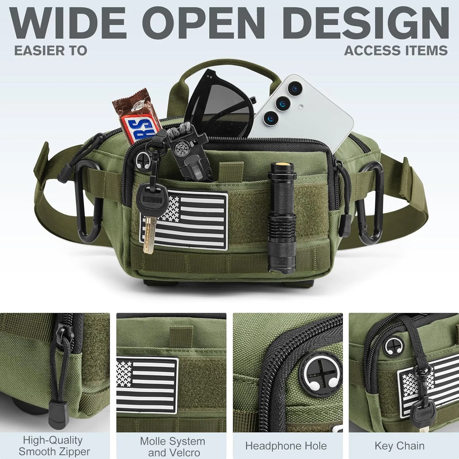 Tactical Fanny Bag with Adjustable Waist Belt, Lightweight waist Pack, Crossbody Bag for Travel/Running/Hiking (Green)