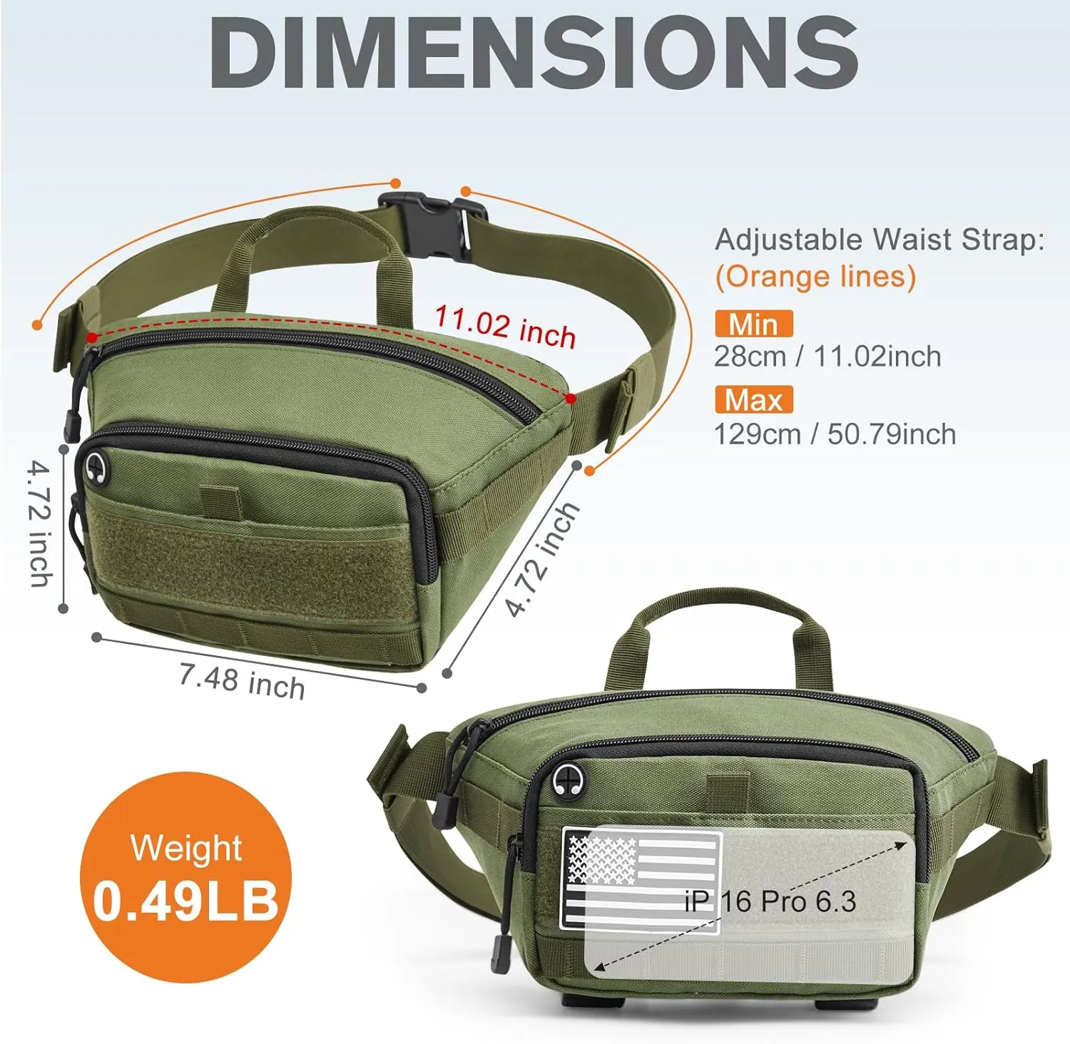 Tactical Fanny Bag with Adjustable Waist Belt, Lightweight waist Pack, Crossbody Bag for Travel/Running/Hiking (Green)