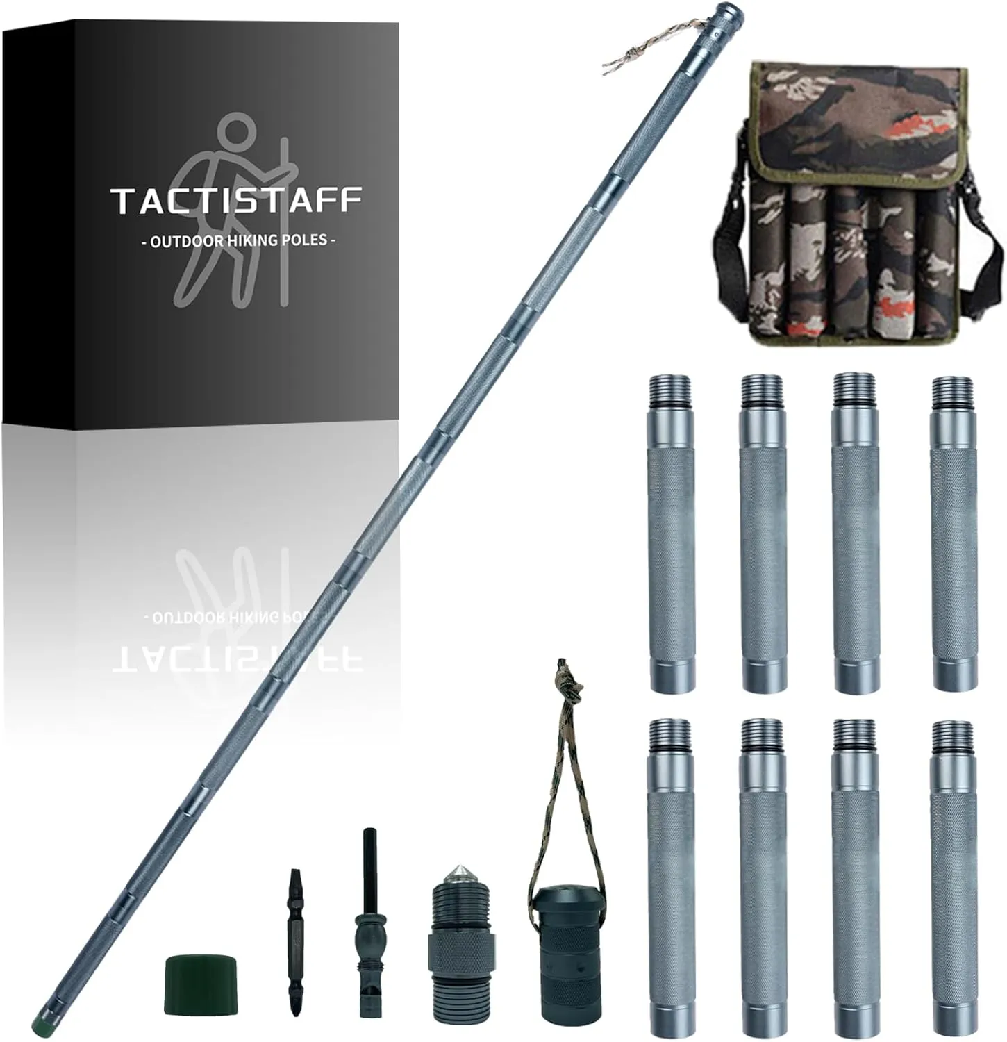 Tactistaff Survival Hiking Stick, Folding Retractable Body Protective Hiking Poles for Outdoor Walking Hiking Camping Multi-Functional Convenient Hiking Poles, Gun Grey