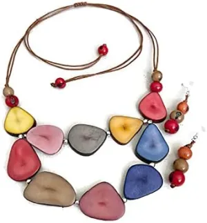 Tagua necklace and earrings in multi color, organic bib necklace set TG533