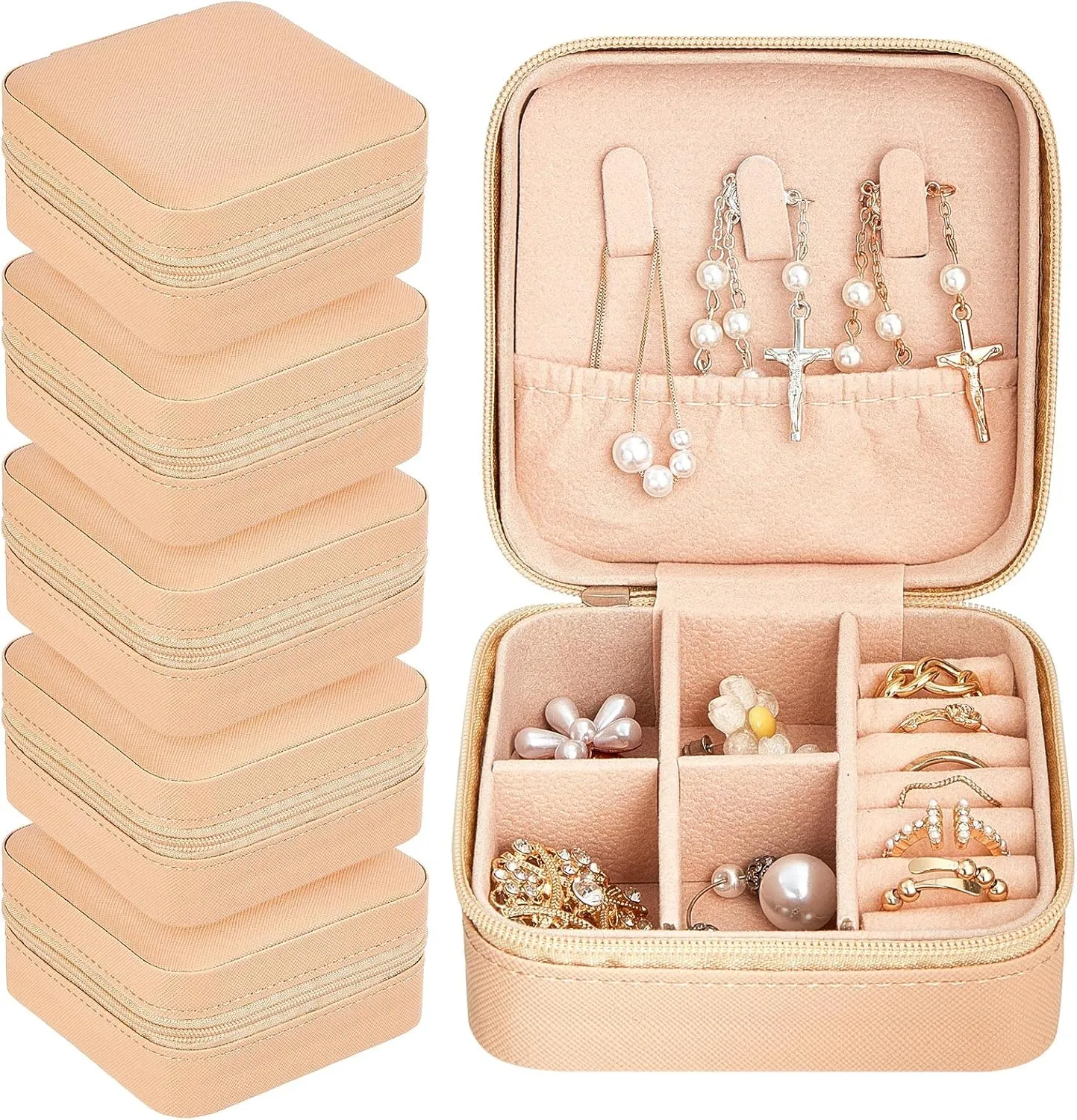 Taiyin 6 Pcs Travel Jewelry Case Organizer Bridesmaid Gift Boxes Mini Storage Organizer Box(Beige)