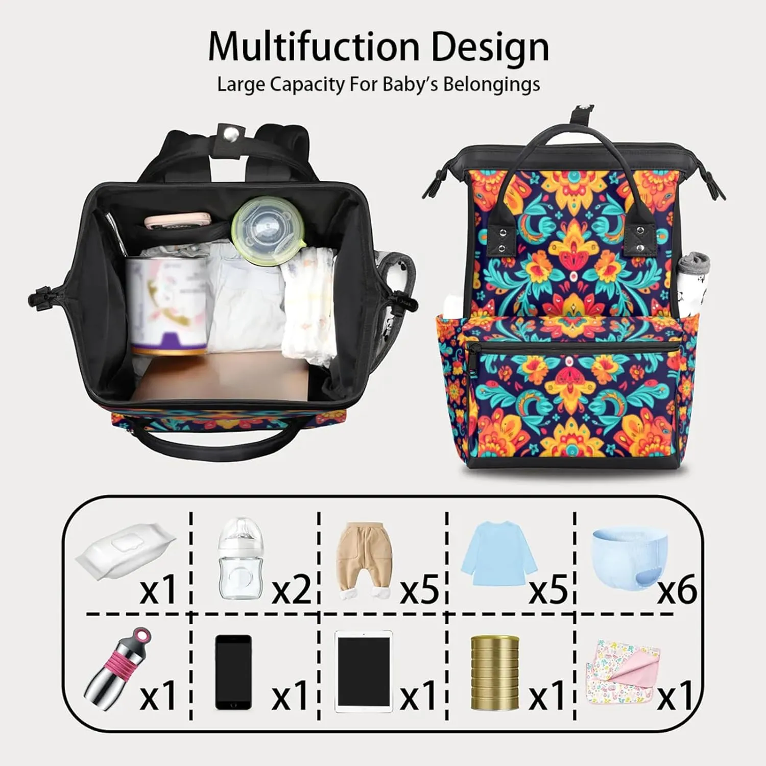 Tavisto Colorful Floral Fusion Double Shoulder Mommy Bag for Women, Polyester Large Capacity Diaper Backpack with Multi Pockets, Waterproof Adjustable Straps Diaper Bag for Moms Dads, 11''×7''×15.7''
