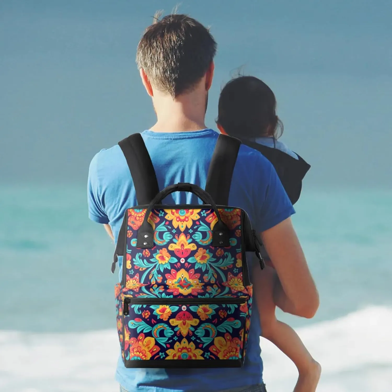 Tavisto Colorful Floral Fusion Double Shoulder Mommy Bag for Women, Polyester Large Capacity Diaper Backpack with Multi Pockets, Waterproof Adjustable Straps Diaper Bag for Moms Dads, 11''×7''×15.7''