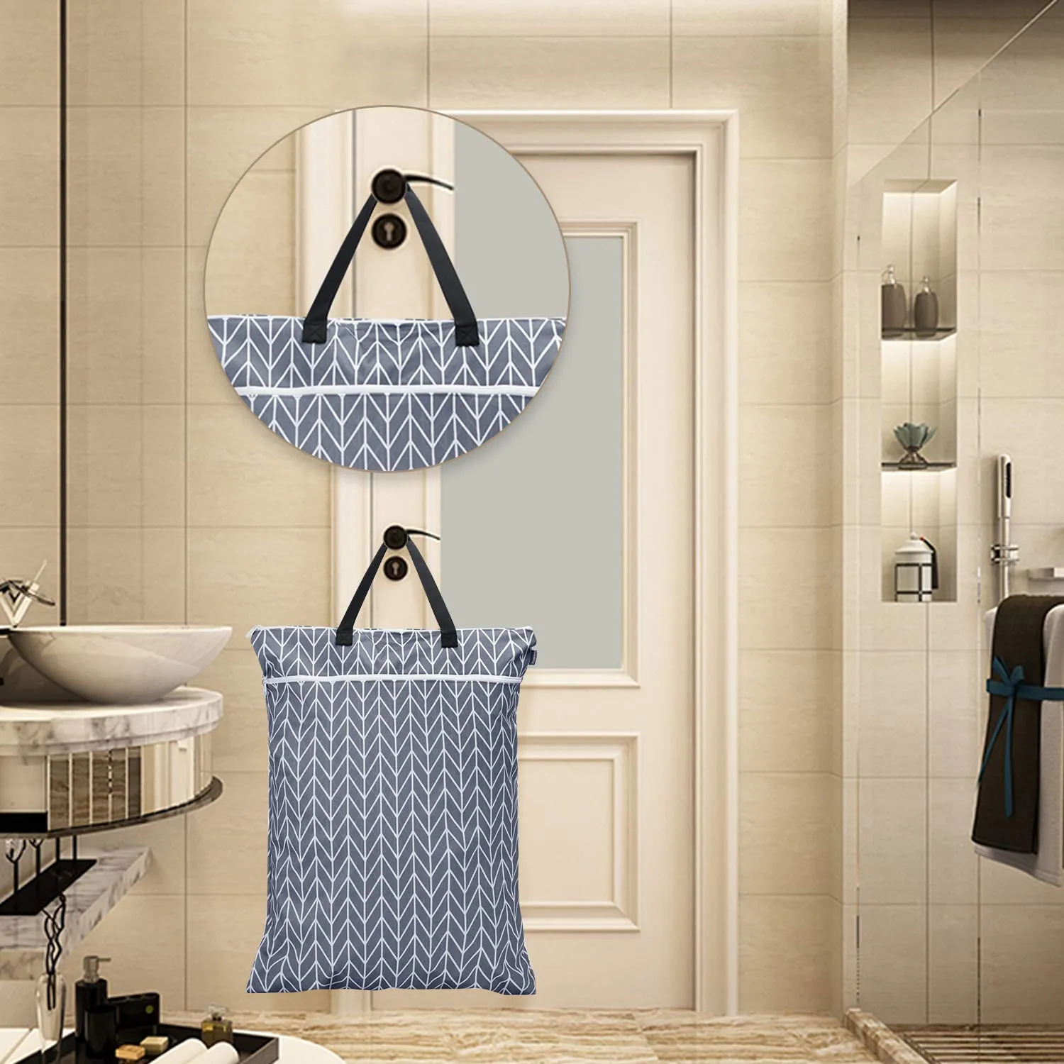 Teamoy Travel Hanging Wet Dry Bag Organizer (24.7 x 18 inches) with Two Compartments for Cloth Diaper, Laundry, Swimsuits and More, Easy to Hang Everywhere (L, Gray Arrow)