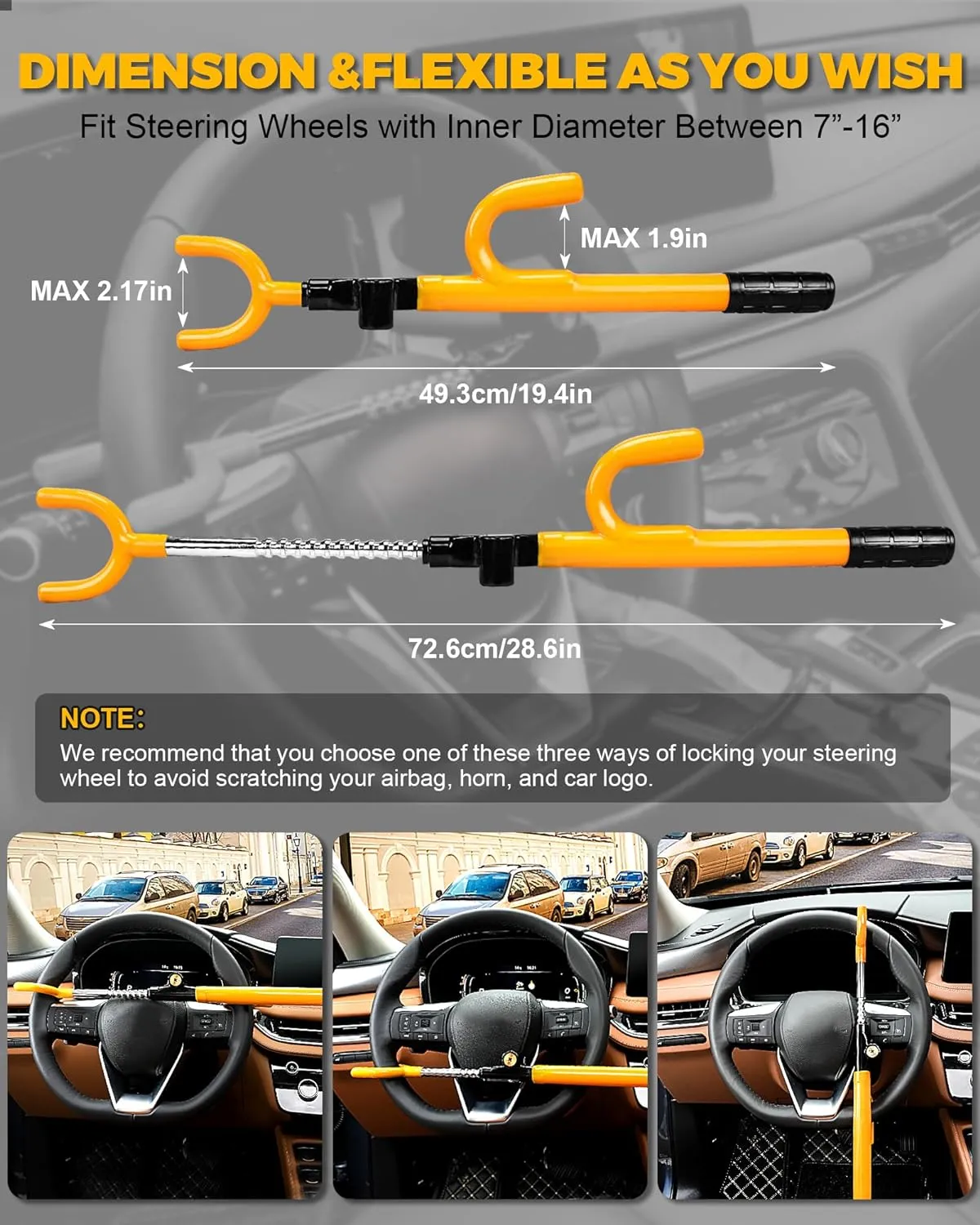 Tevlaphee Steering Wheel Lock - Anti Theft Device with Adjustable Car Wheel Lock, 3 Keys (Yellow)