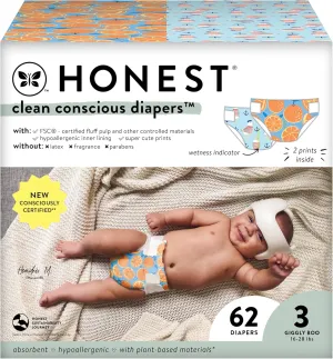 The Honest Company Clean Conscious Diapers for Sensitive Skin | Hypoallergenic, Fragrance Free | Gender Neutral Prints | Club Box, Size 3 (16-28 lbs), 62 Count