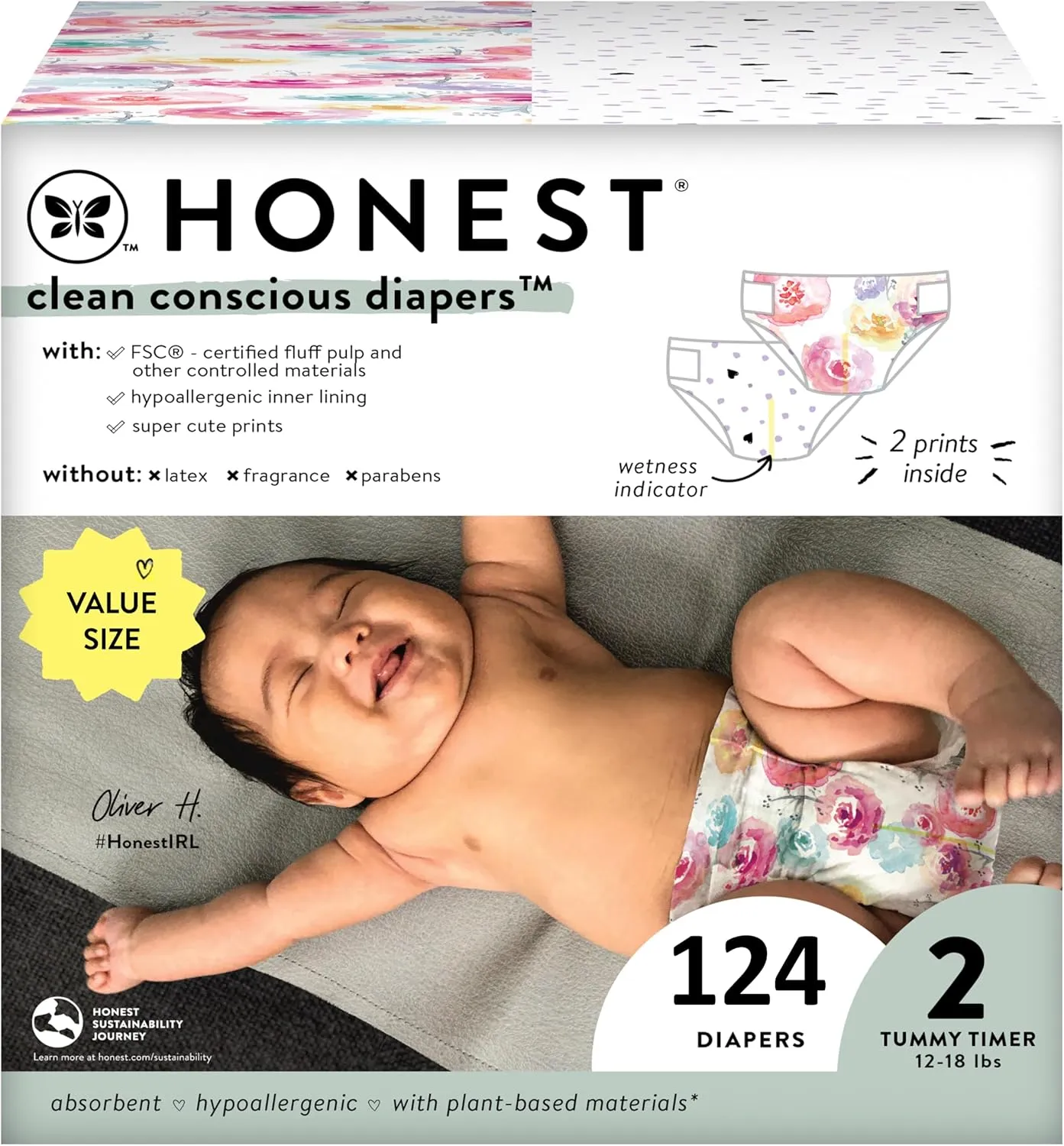 The Honest Company Clean Conscious Diapers for Sensitive Skin | Hypoallergenic, Fragrance Free | Girl Prints | Super Club Box, Size 2 (12-18 lbs), 124 Count