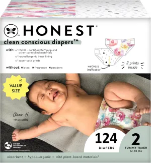 The Honest Company Clean Conscious Diapers for Sensitive Skin | Hypoallergenic, Fragrance Free | Girl Prints | Super Club Box, Size 2 (12-18 lbs), 124 Count