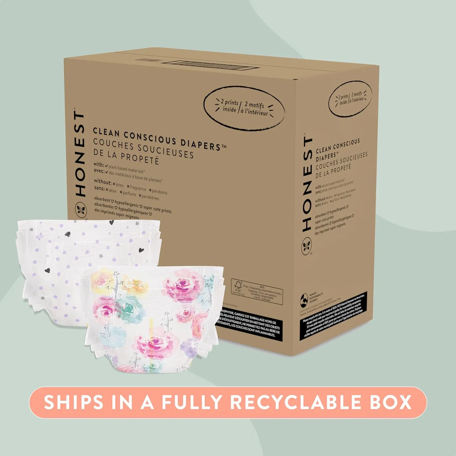 The Honest Company Clean Conscious Diapers for Sensitive Skin | Hypoallergenic, Fragrance Free | Girl Prints | Super Club Box, Size 2 (12-18 lbs), 124 Count