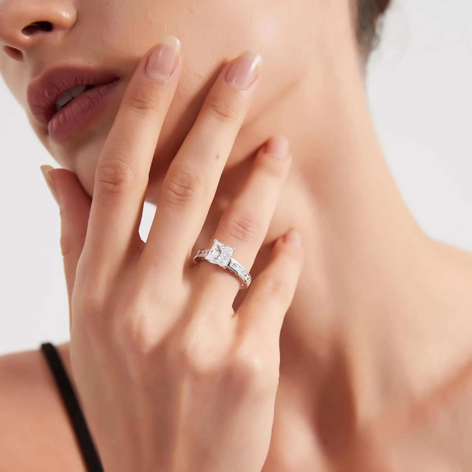 THELANDA All Princess Cut Genuine Moissanite or Simulated Center 1.5CT Diamond Sterling Silver Classic Filigree Pattern Promise Engagement Ring