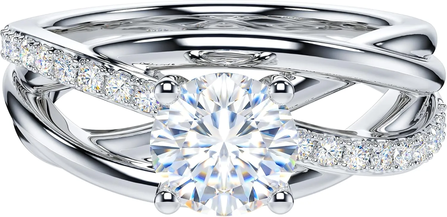 THELANDA Genuine Moissanite or Simulated 1CT Diamond Sterling Silver Crossover Vine Split Intertwine Shank Promise Ring Engagement Ring