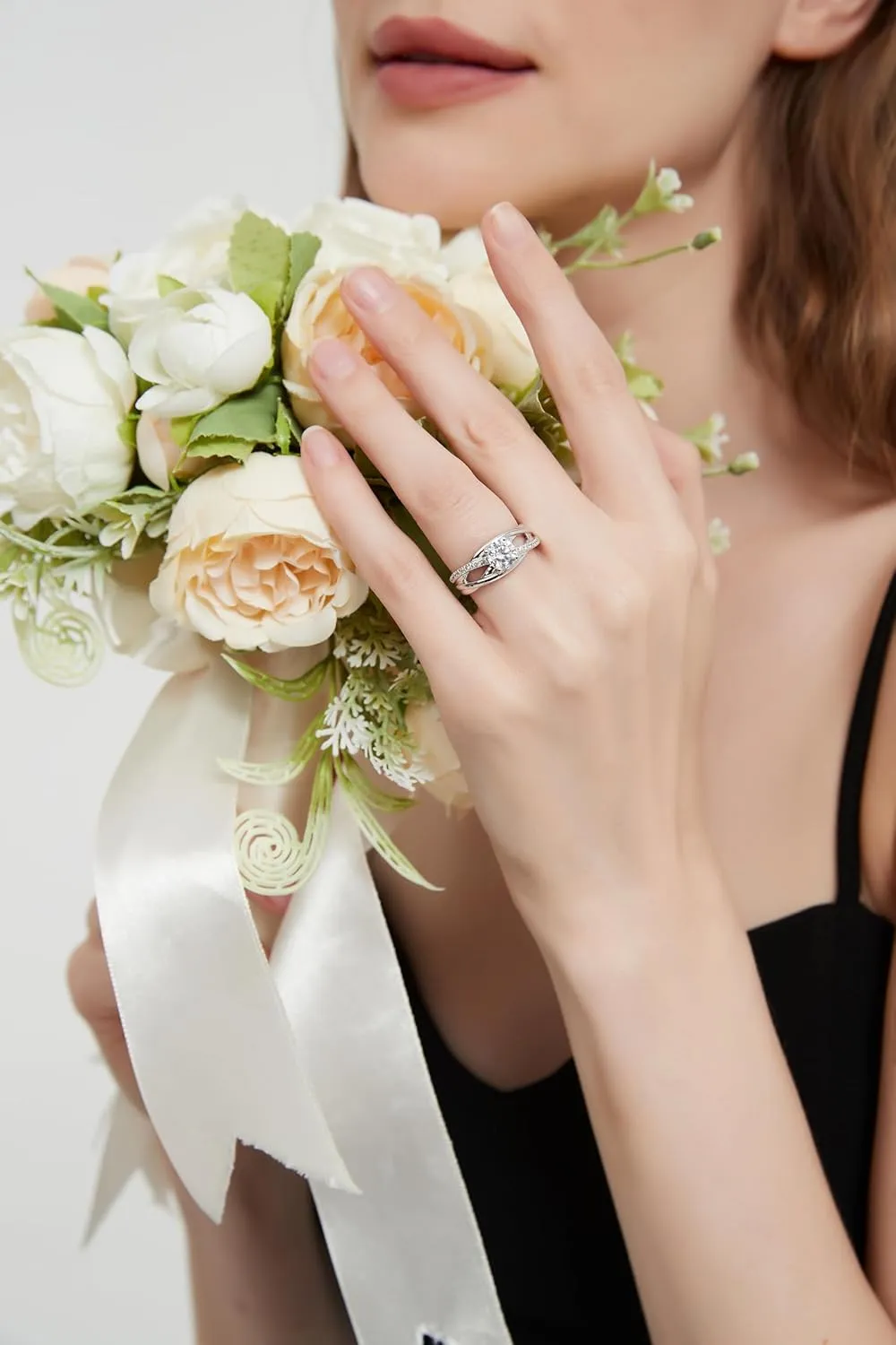 THELANDA Genuine Moissanite or Simulated 1CT Diamond Sterling Silver Crossover Vine Split Intertwine Shank Promise Ring Engagement Ring