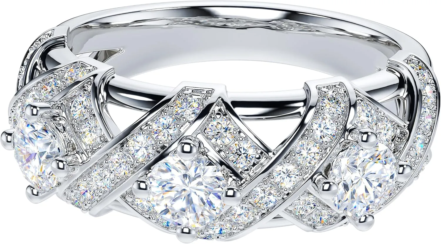 THELANDA Genuine Moissanite or Simulated Diamond Sterling Silver 3-Stone Vintage Luxury Crossover Crown Promise Ring Wedding Ring