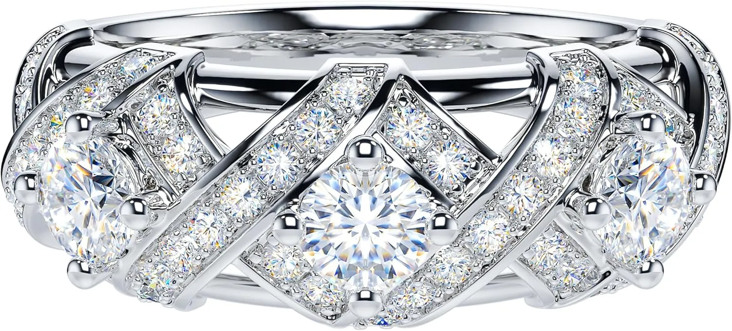 THELANDA Genuine Moissanite or Simulated Diamond Sterling Silver 3-Stone Vintage Luxury Crossover Crown Promise Ring Wedding Ring