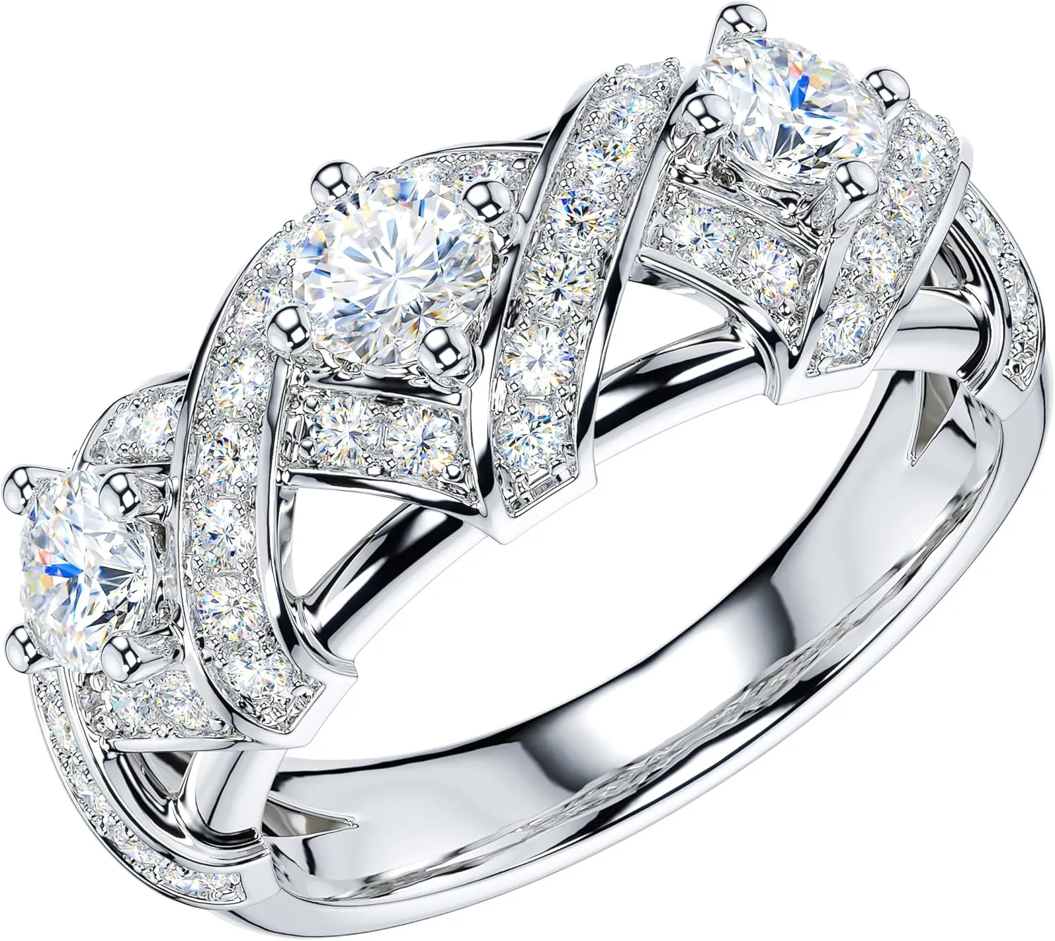 THELANDA Genuine Moissanite or Simulated Diamond Sterling Silver 3-Stone Vintage Luxury Crossover Crown Promise Ring Wedding Ring