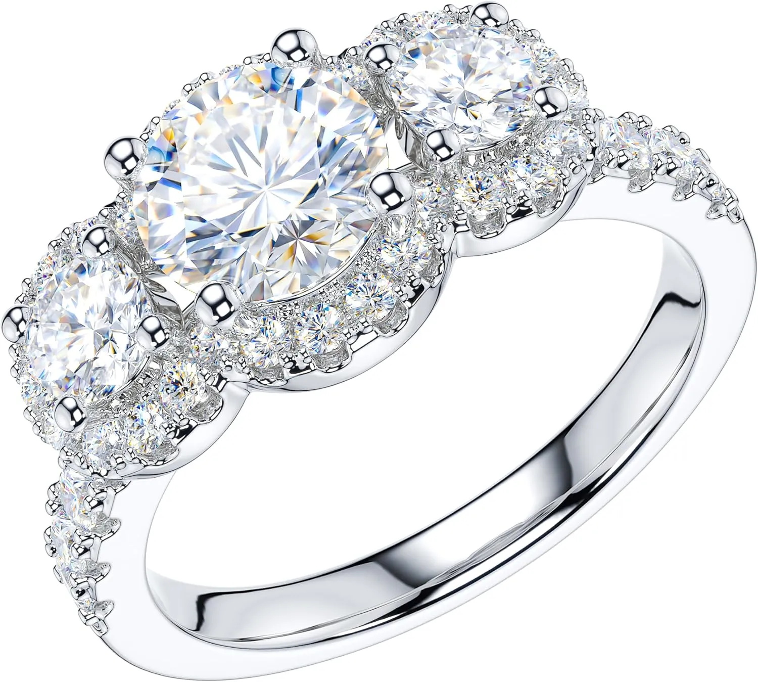 THELANDA Genuine Moissanite or Simulated Diamond Sterling Silver Three Stone Halo Promise Ring 1CT Main Stone Engagement Ring For Her