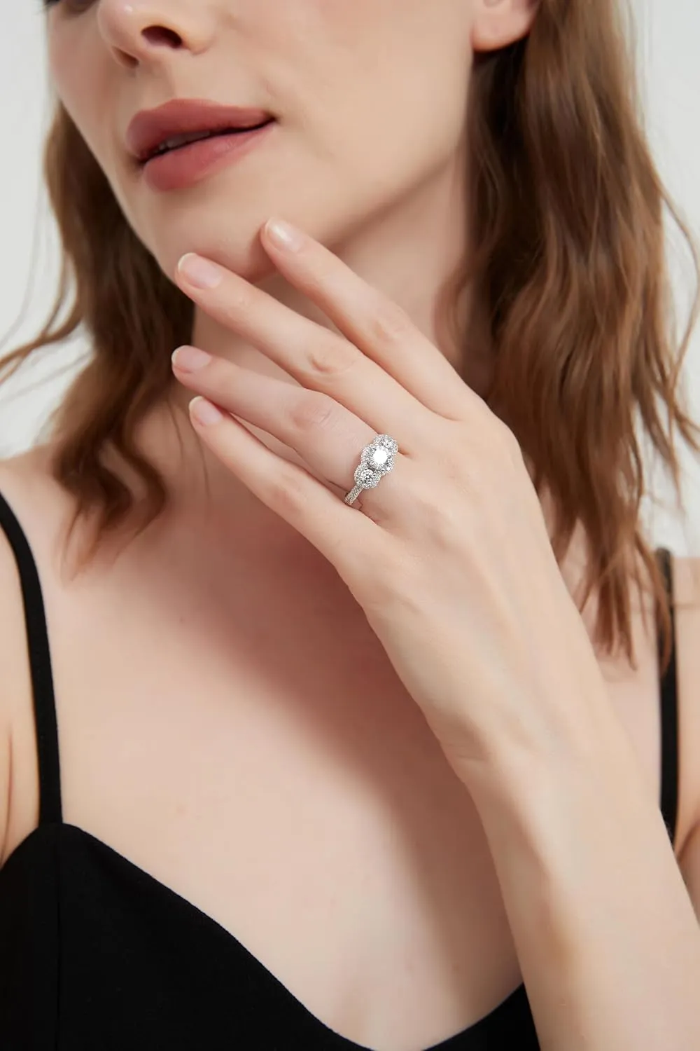 THELANDA Genuine Moissanite or Simulated Diamond Sterling Silver Three Stone Halo Promise Ring 1CT Main Stone Engagement Ring For Her