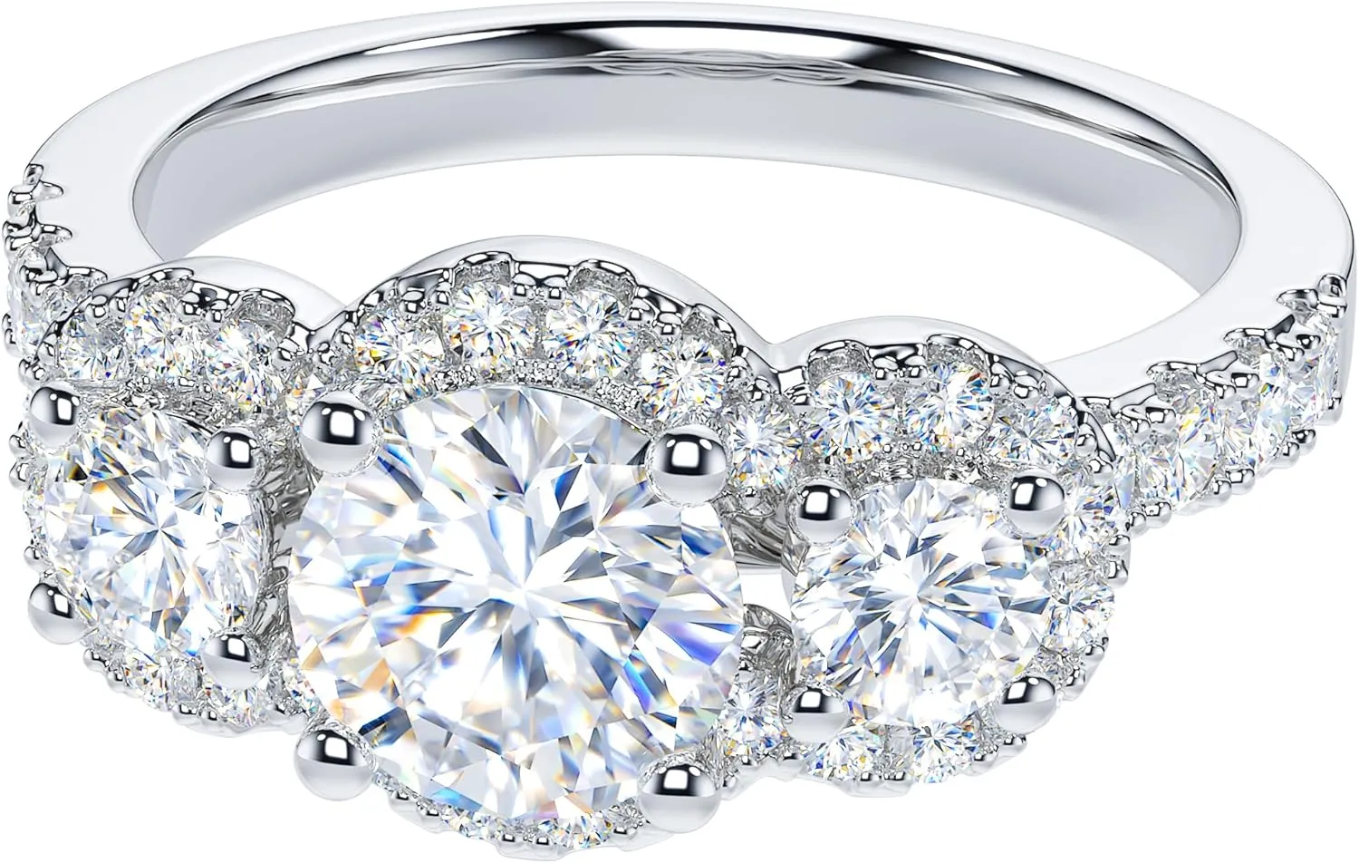 THELANDA Genuine Moissanite or Simulated Diamond Sterling Silver Three Stone Halo Promise Ring 1CT Main Stone Engagement Ring For Her
