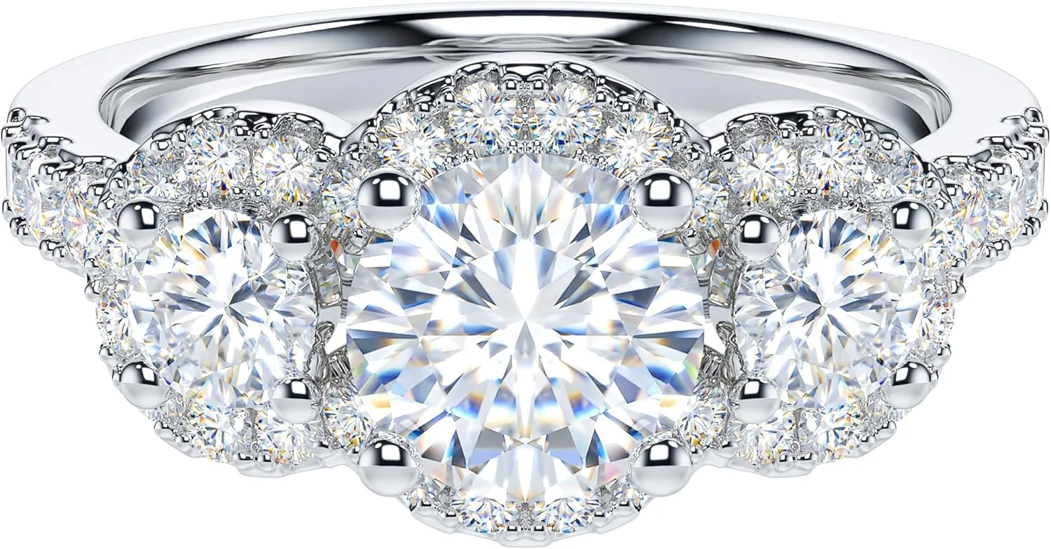 THELANDA Genuine Moissanite or Simulated Diamond Sterling Silver Three Stone Halo Promise Ring 1CT Main Stone Engagement Ring For Her