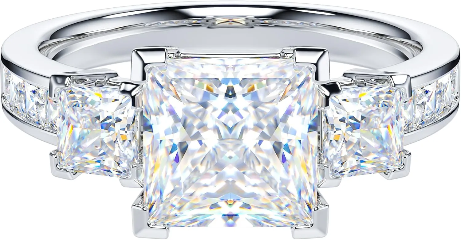 THELANDA Sterling Silver Center 1.5CT Three Stone Style All Princess Cut Side Stones Promise Engagement Ring